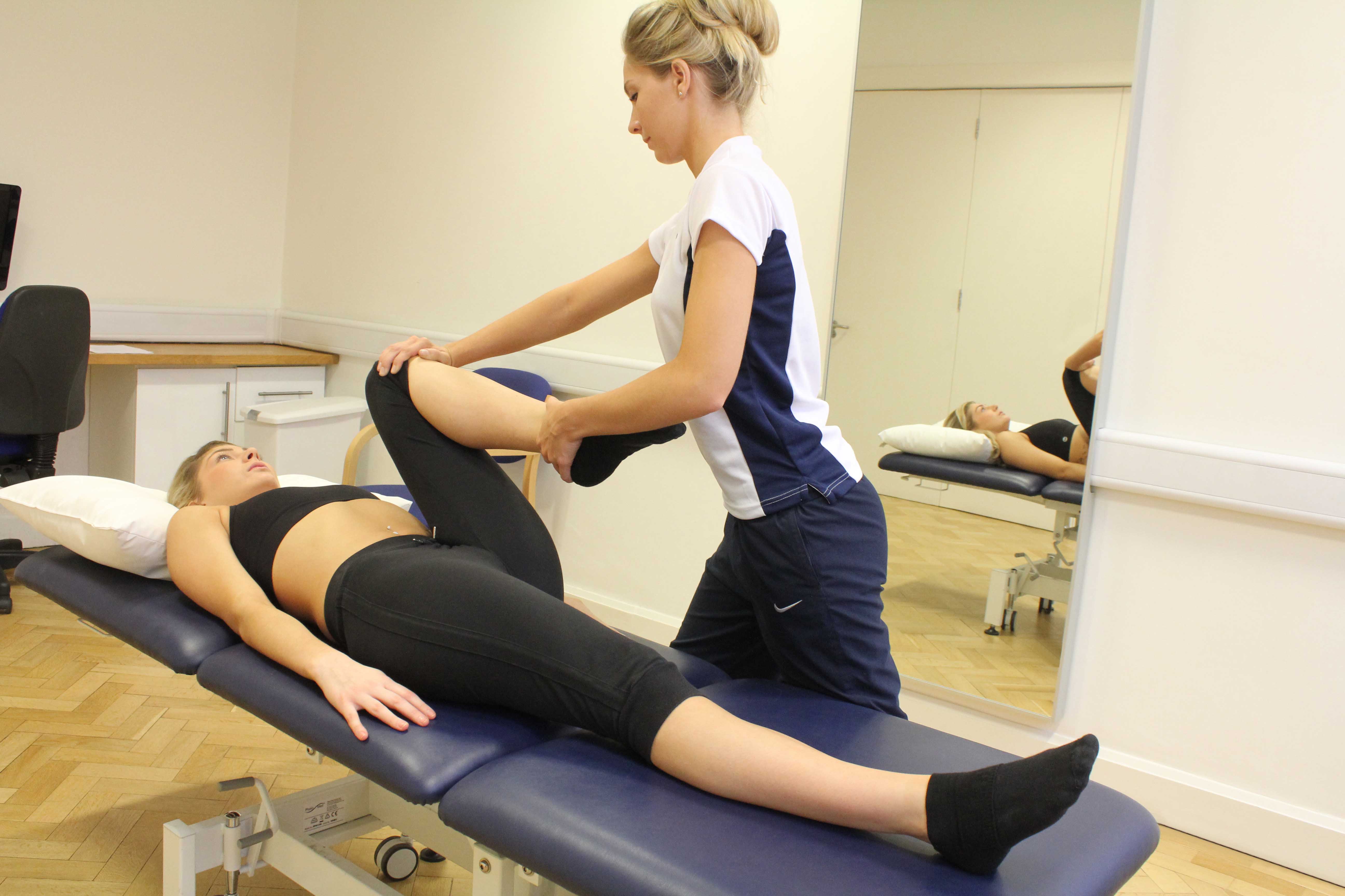 Passive stretch of the muscles and connective tissues of the hip and pelvis by specialist therapist