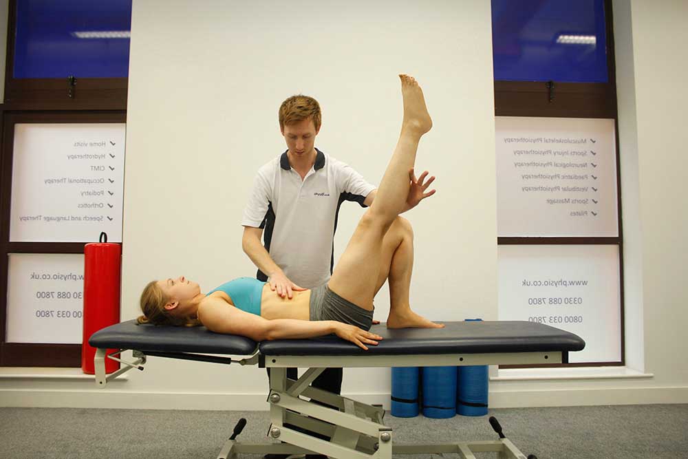 Passive stretch applied by physiotherapist to calf and hamstring muscles